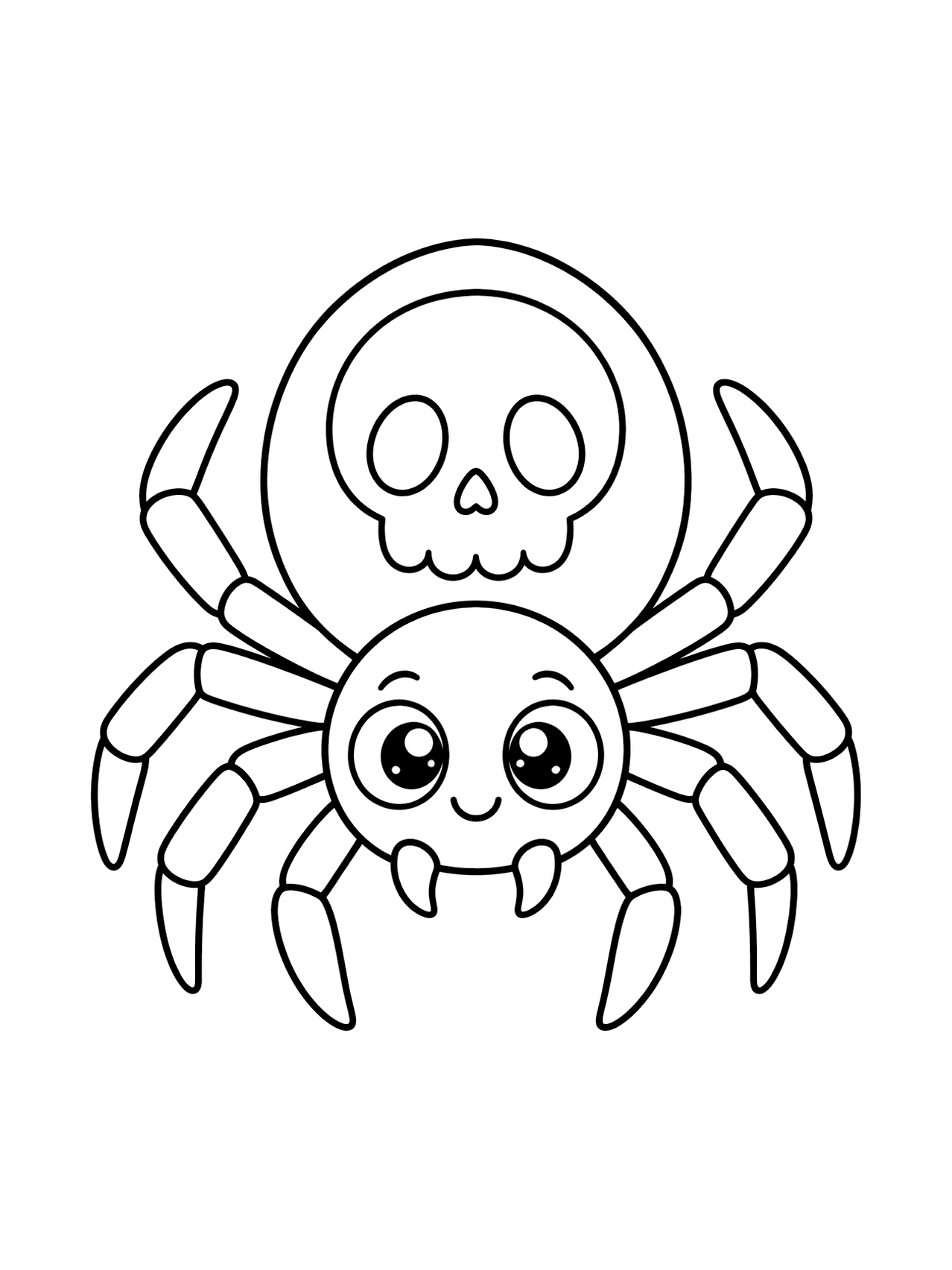 Araña con calavera para colorear con una araña amable con una gran calavera en el abdomen, ocho patas redondeadas, ojos grandes y formas sencillas de Halloween, dibujo de líneas negras sobre fondo blanco