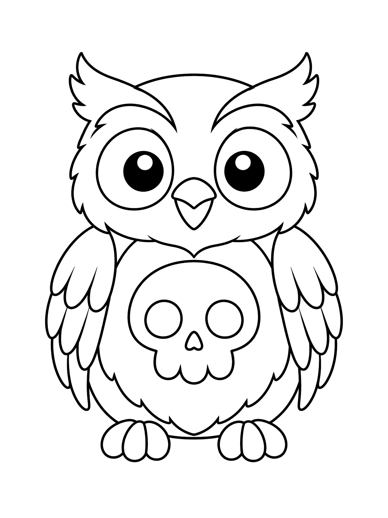 Búho con calavera para colorear con un búho amable con una gran calavera en el pecho, ojos redondos, alas ordenadas, pies pequeños y un símbolo sencillo de Halloween, dibujo de líneas negras sobre fondo blanco