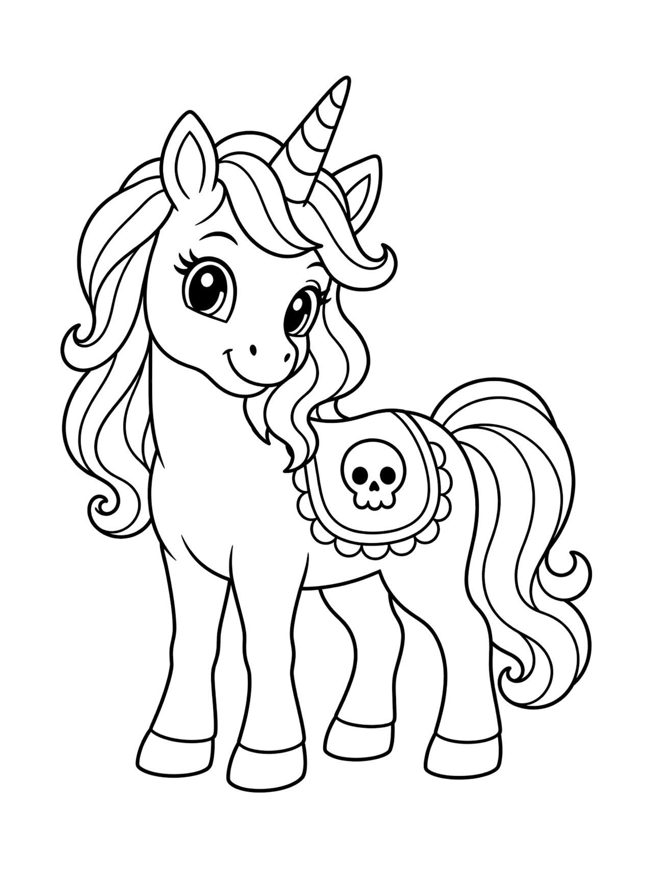 Skull Saddle Unicorn Coloring Page with a cute Halloween unicorn with one simple skull symbol on a rounded saddle blanket, a striped horn, flowing mane, rounded body, and simple hooves, drawn as black line art on a white background