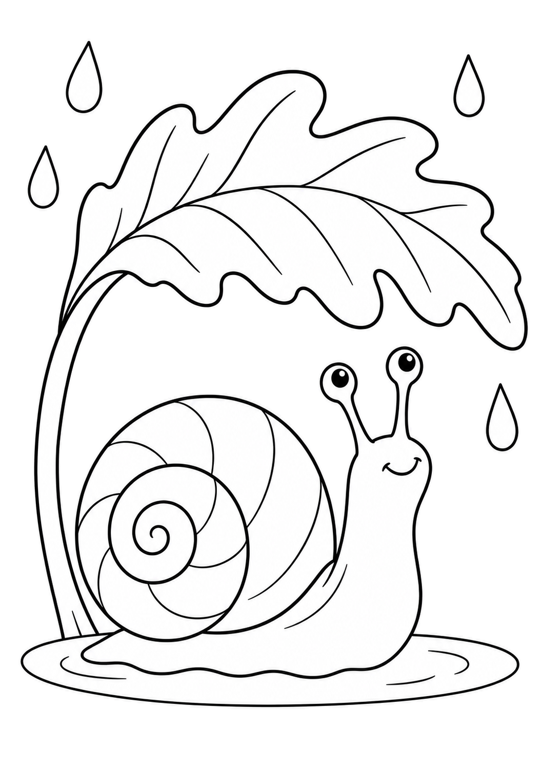 A smiling snail with a spiral shell shelters under an arched oak leaf while raindrops fall nearby.