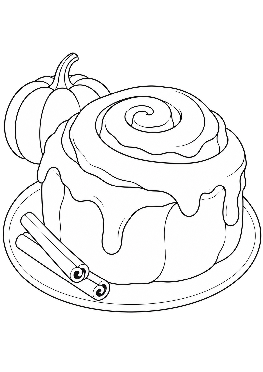 Grosse brioche roulée glacée sur une assiette avec deux bâtons de cannelle et une petite citrouille.