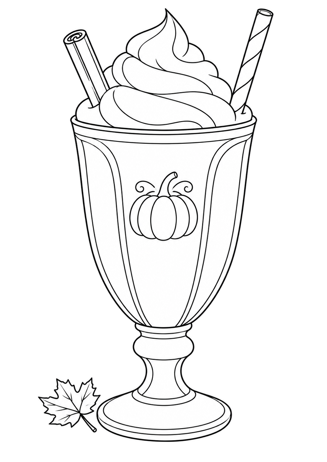 Balkabağı motifli uzun milkshake bardağı, krema, çizgili pipet, tarçın çubuğu ve akçaağaç yaprağı.