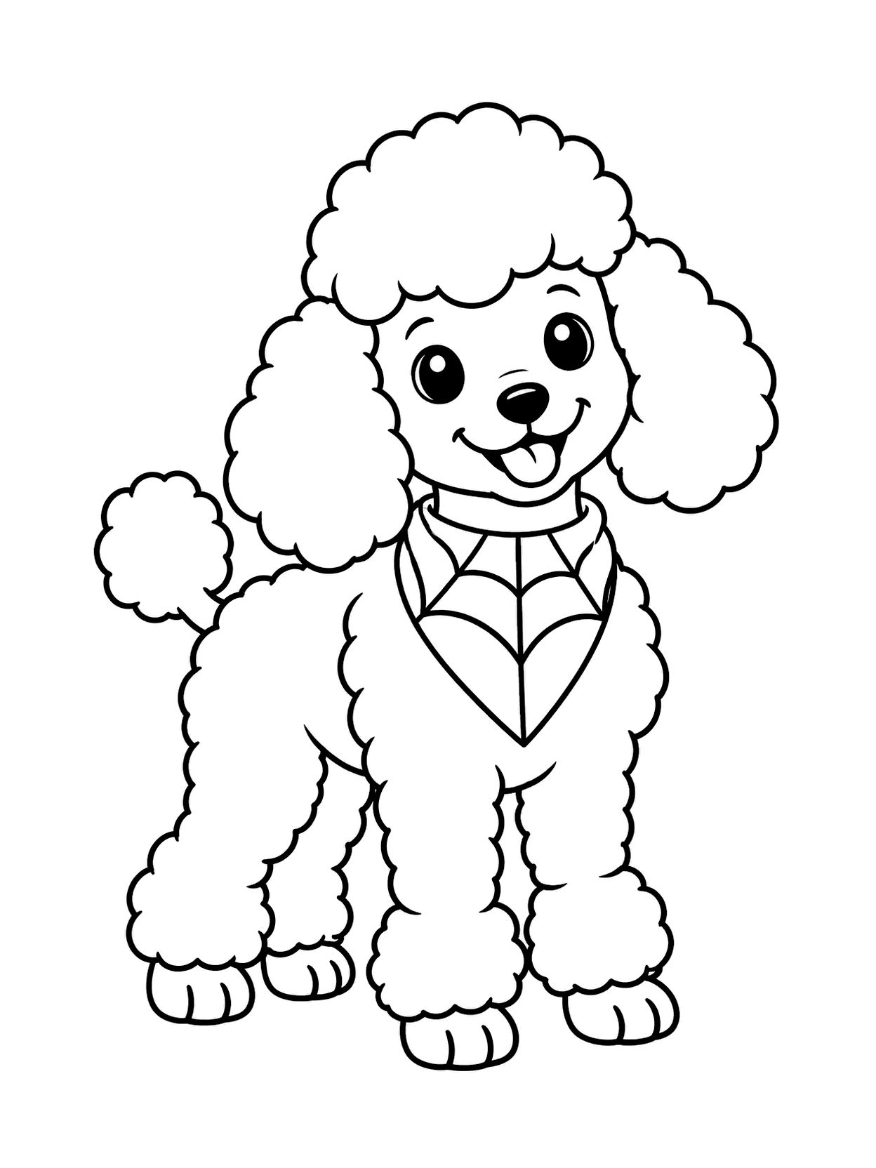 Spiderweb Bandana Poodle Coloring Page with one central dog, broad coloring spaces, simple Halloween costume detail, and a white background