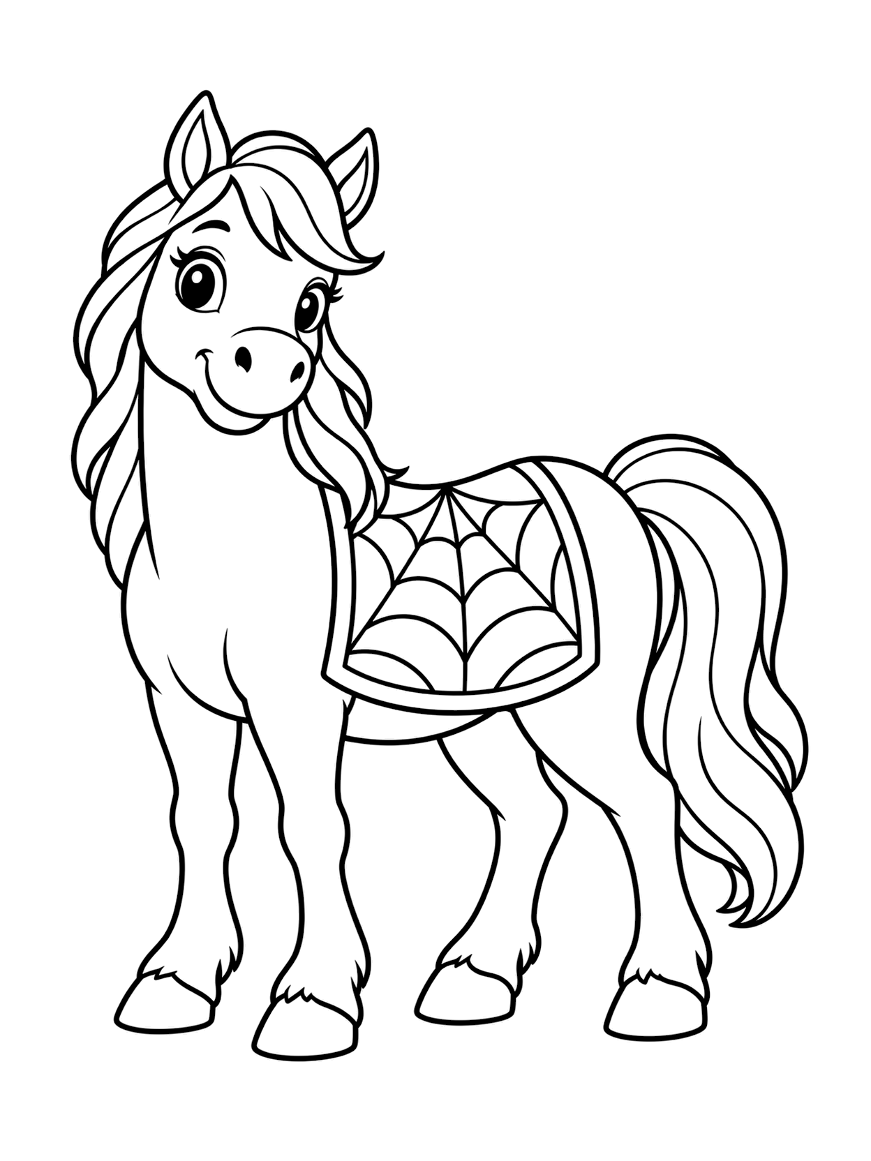 Cheval à tapis toile d’araignée à colorier avec un cheval central, de larges espaces à colorier, un détail simple de costume d’Halloween et un fond blanc