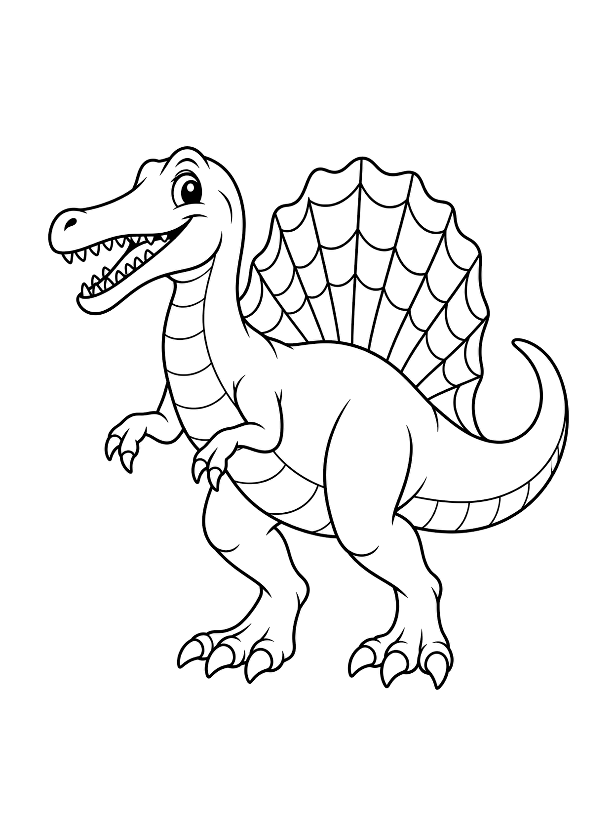 Spinosauro con vela a ragnatela da colorare con un dinosauro centrale, spazi ampi da colorare, semplice dettaglio di Halloween e sfondo bianco