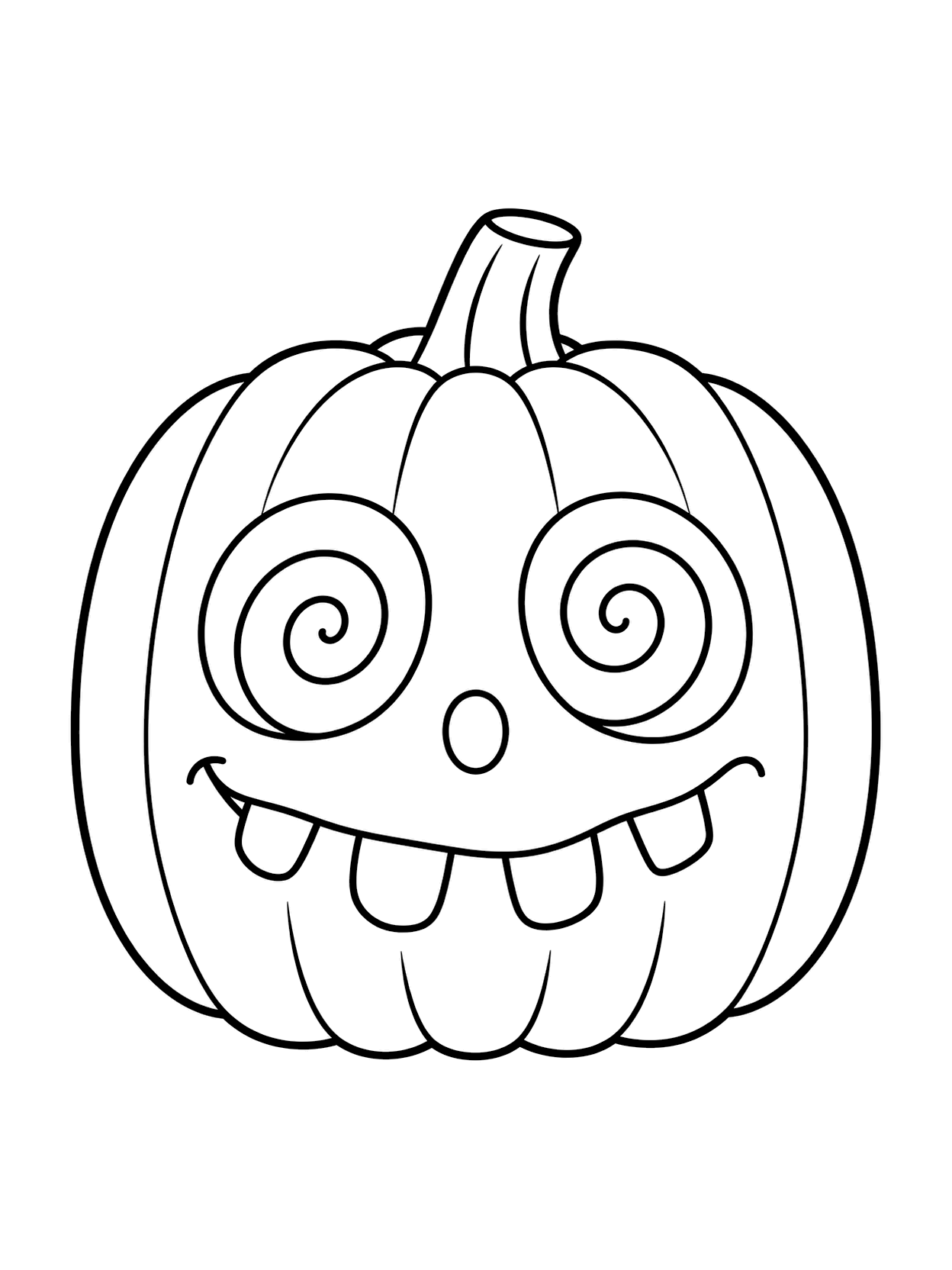 Faccia di zucca con occhi a spirale da colorare con una grande faccia di zucca, forme intagliate chiare, contorni neri e sfondo bianco