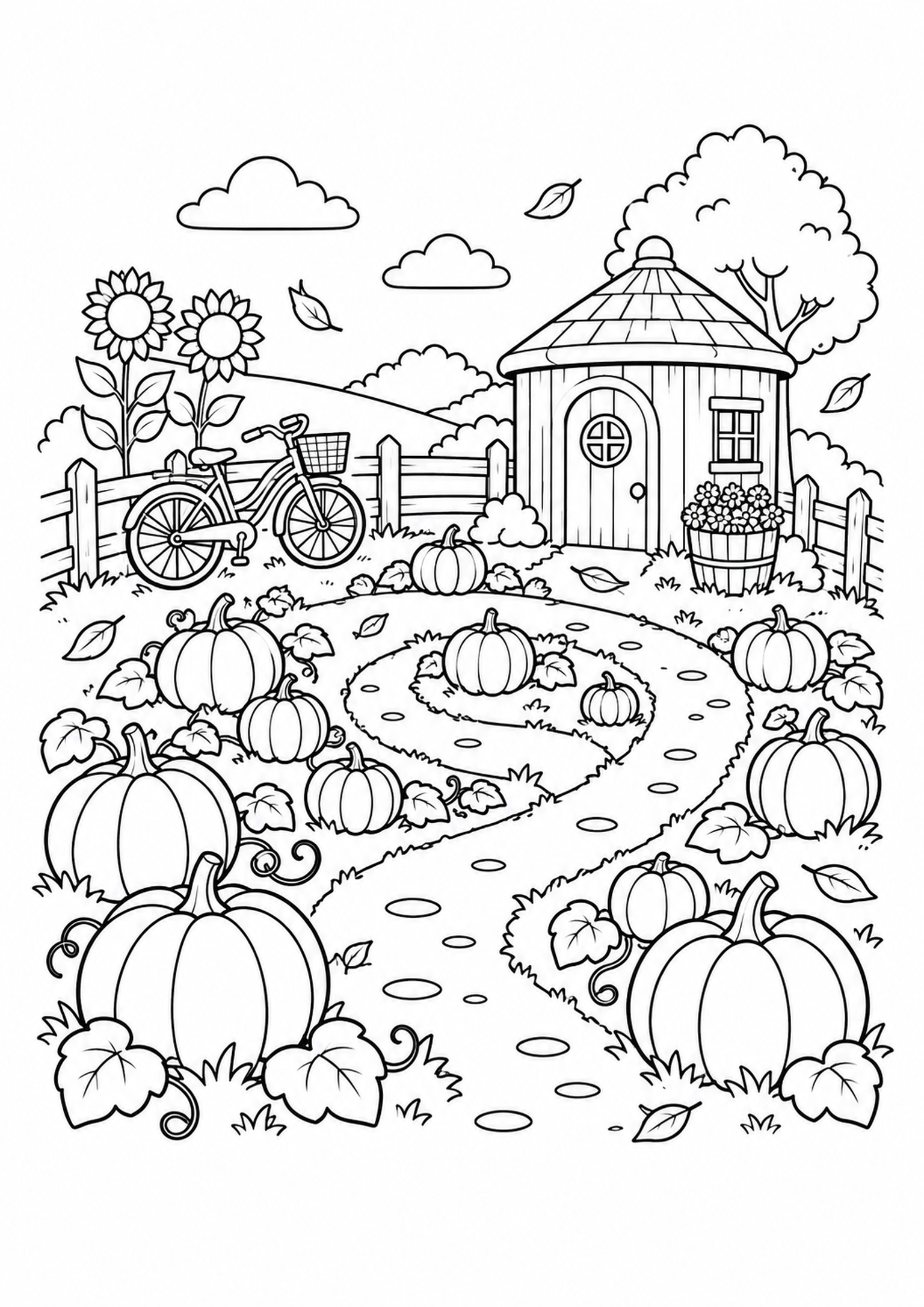 a spiral path, bicycle and round-roofed shed in an autumn pumpkin patch