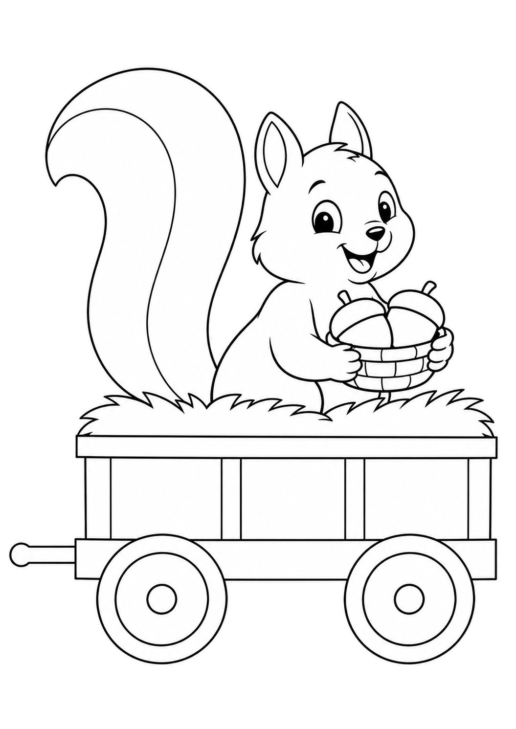 Eichhörnchen mit großem gebogenem Schwanz und einem Korb mit zwei Eicheln in einem Heuwagen.