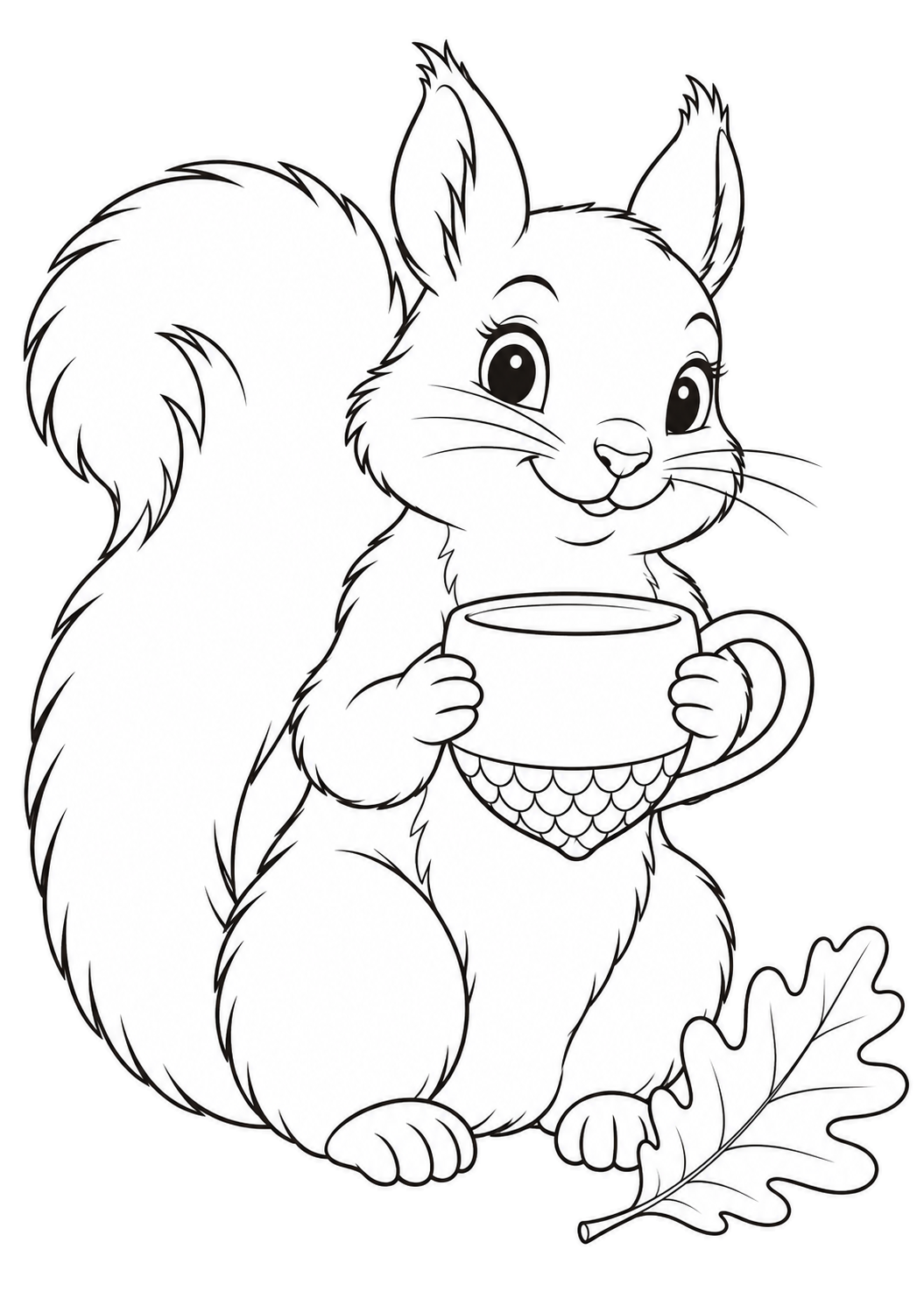 Ein sitzendes Eichhörnchen hält eine Tasse in Eichelform neben einem großen Eichenblatt.