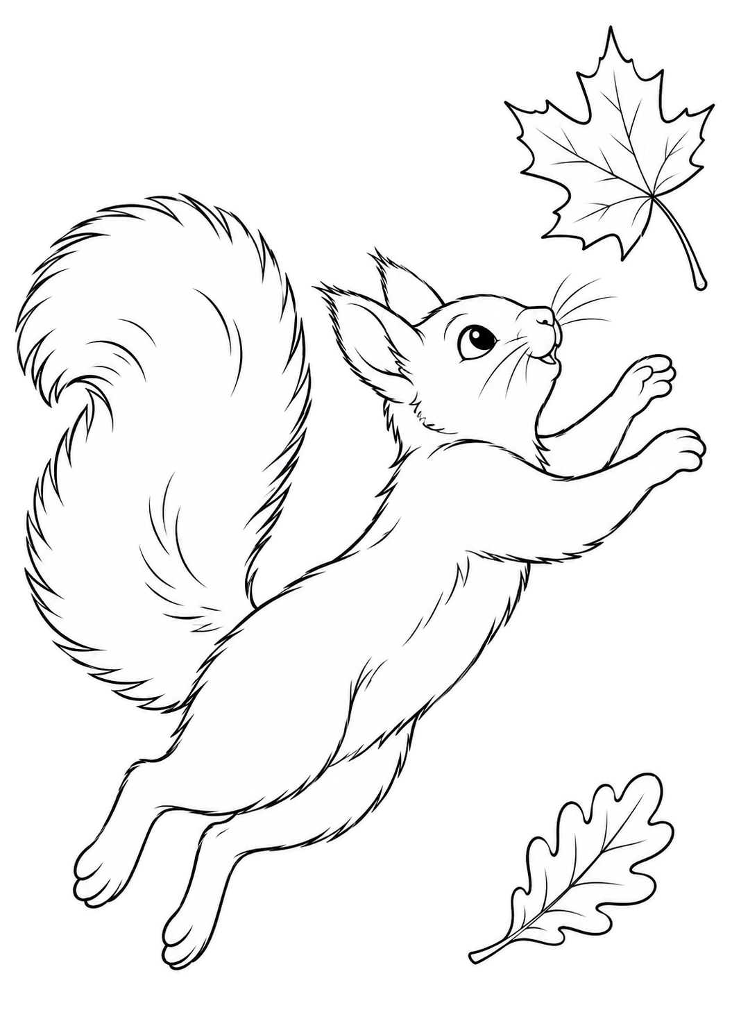Squirrel leaping toward a maple leaf with an oak leaf below