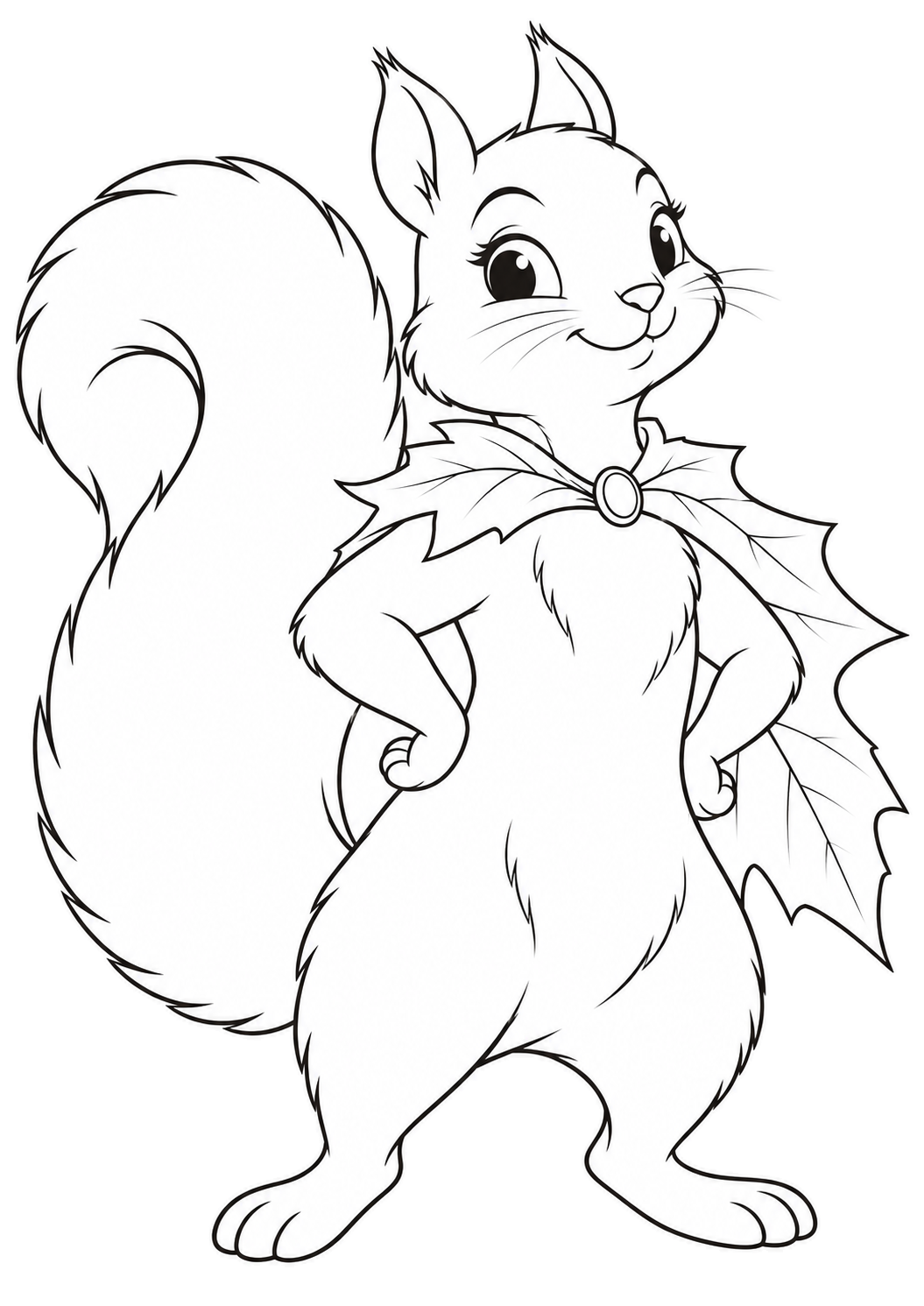 A squirrel stands with paws on its hips, wearing a maple leaf cape with an oval clasp.
