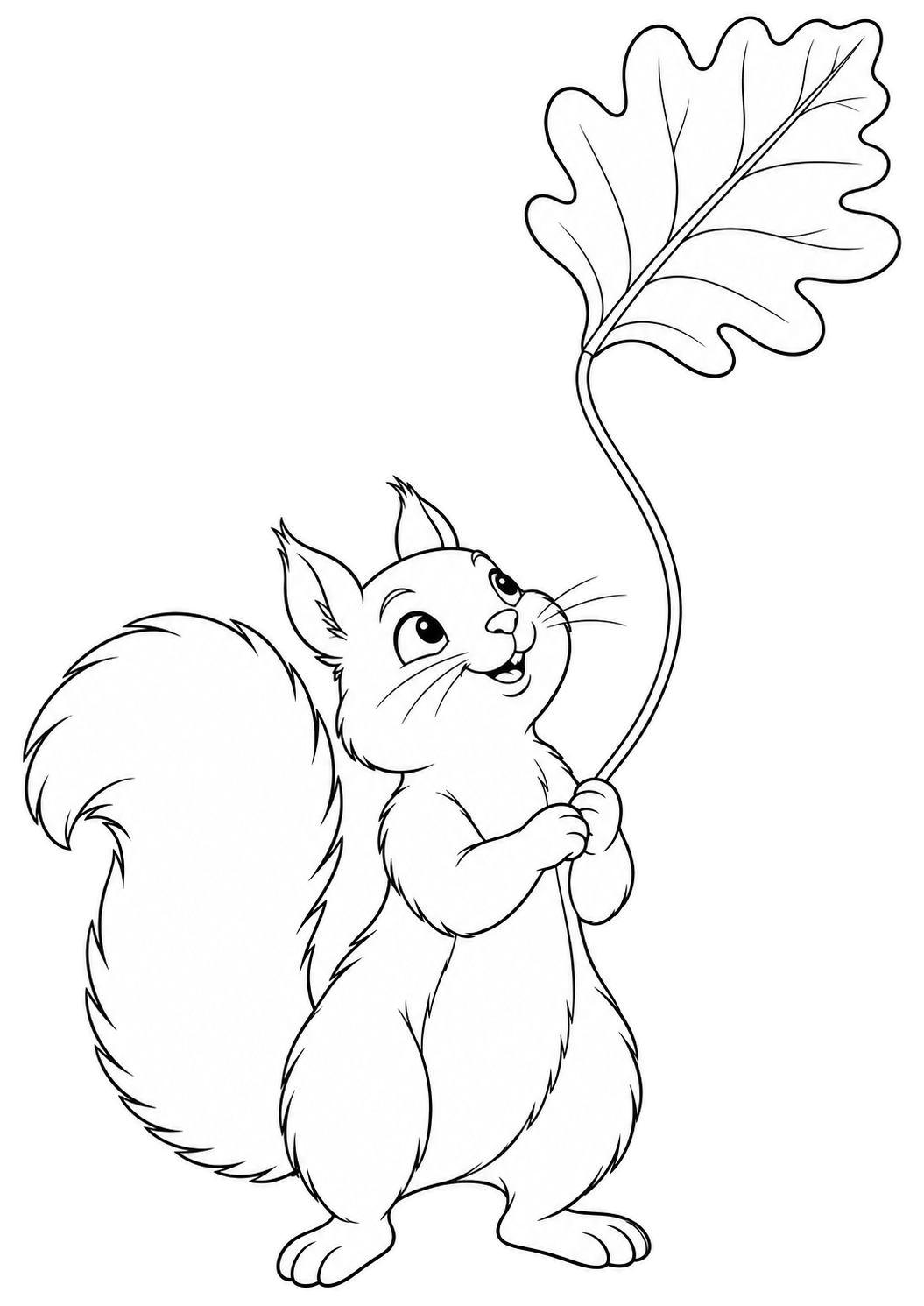 A squirrel looks up while holding the cord of a large oak leaf kite.