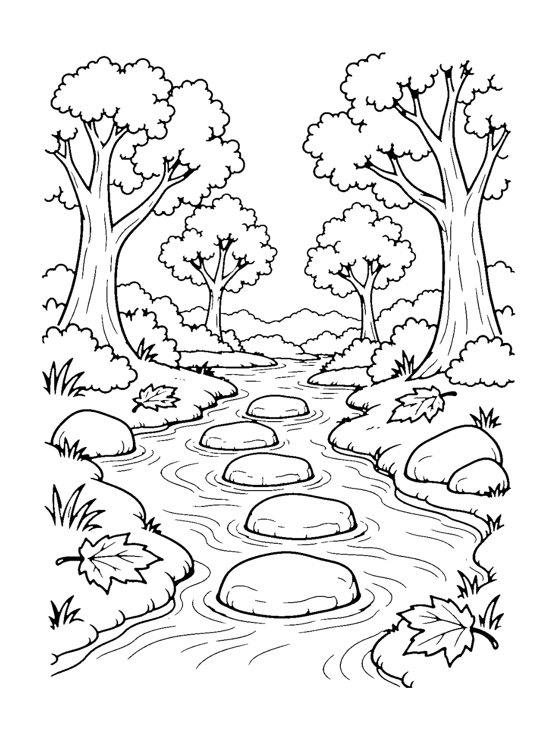Stepping Stones in Autumn Forest, black-and-white coloring page.