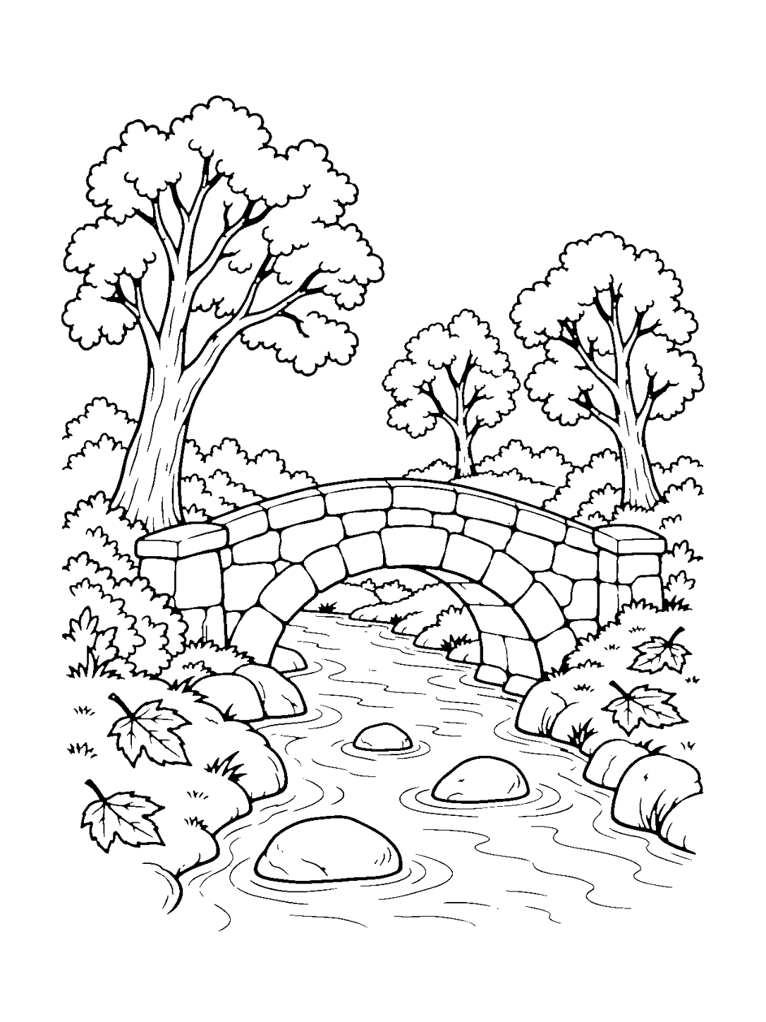 Pont de pierre dans la forêt d'automne, dessin en noir et blanc à colorier.