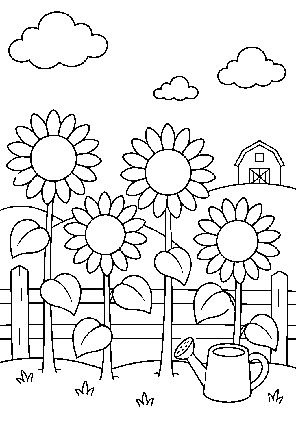 Sunflower Field Farm Scene Coloring Page