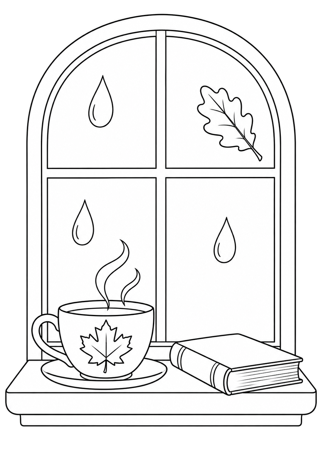 Fenêtre en arc avec gouttes et feuille de chêne sur la vitre, tasse fumante à motif d’érable, soucoupe et livre fermé sur l’appui.