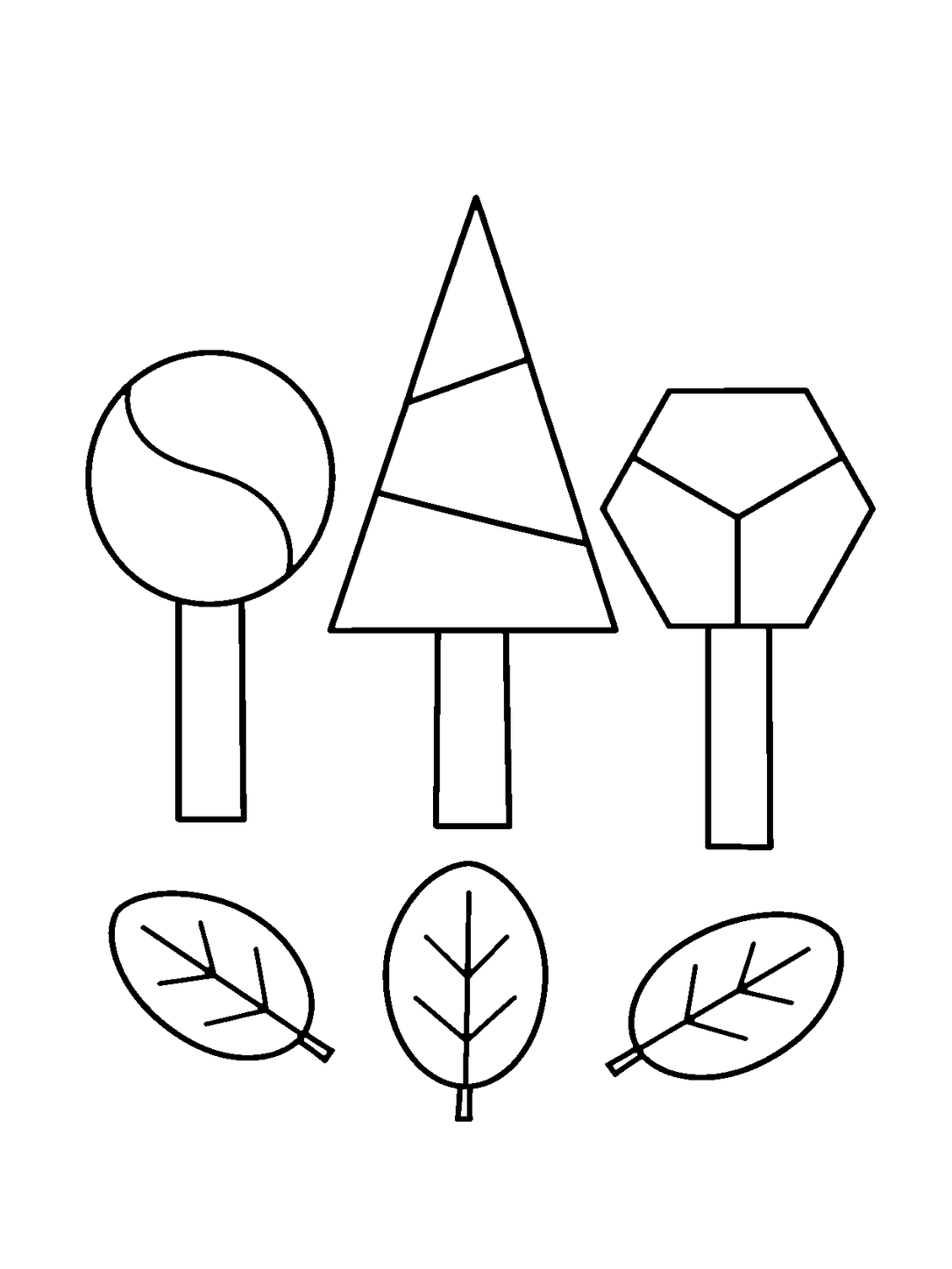 Three Autumn Trees with Geometric Crowns, black-and-white coloring page.