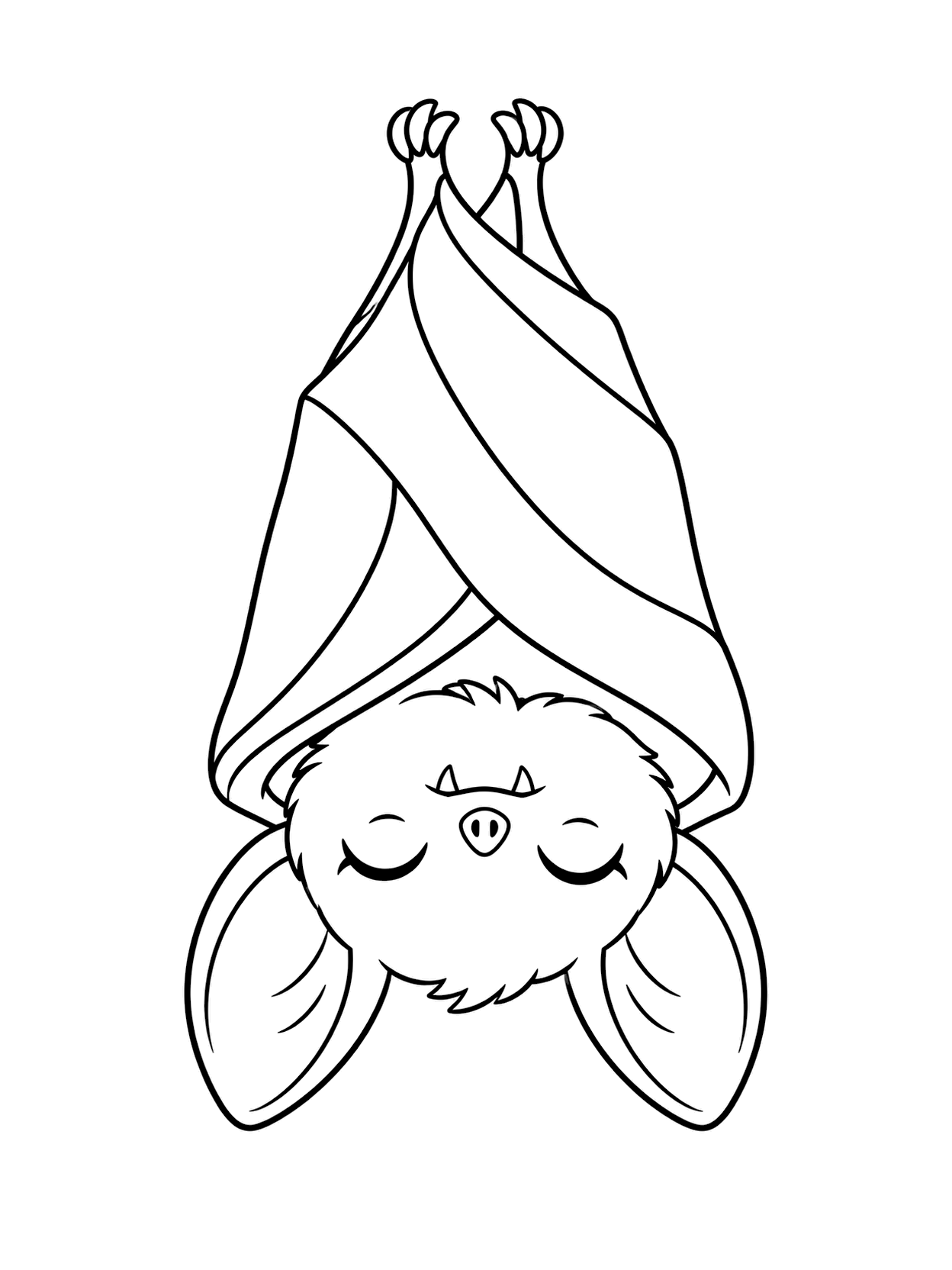 Chauve-souris endormie tête en bas à colorier avec une chauve-souris centrale, de larges ailes, un détail simple d’Halloween et un fond blanc