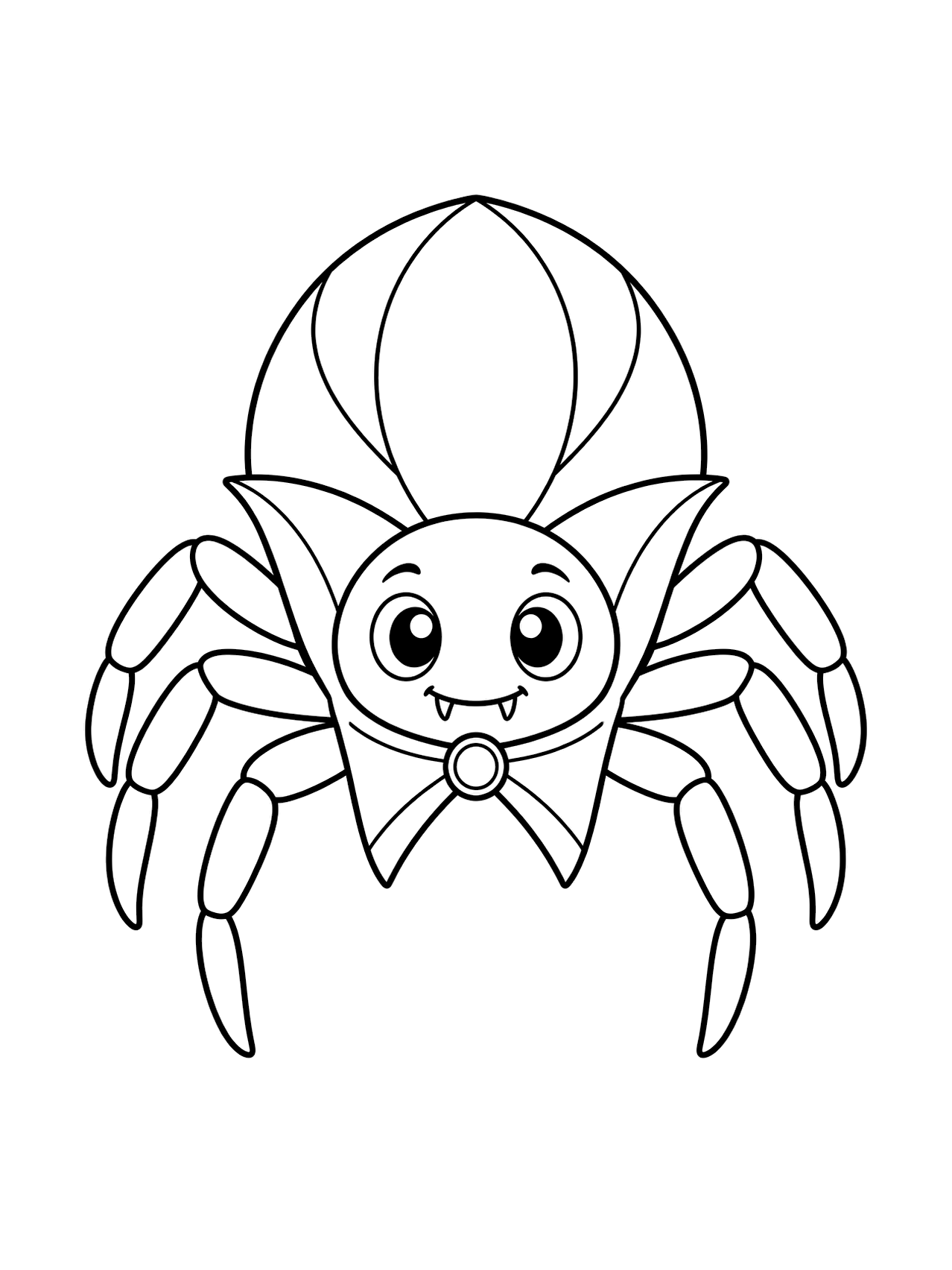 Ragno con collare da vampiro da colorare con un ragno elegante con alto collare da vampiro, piccoli dentini amichevoli, otto zampe arrotondate e un grande addome semplice, disegno a linee nere su sfondo bianco