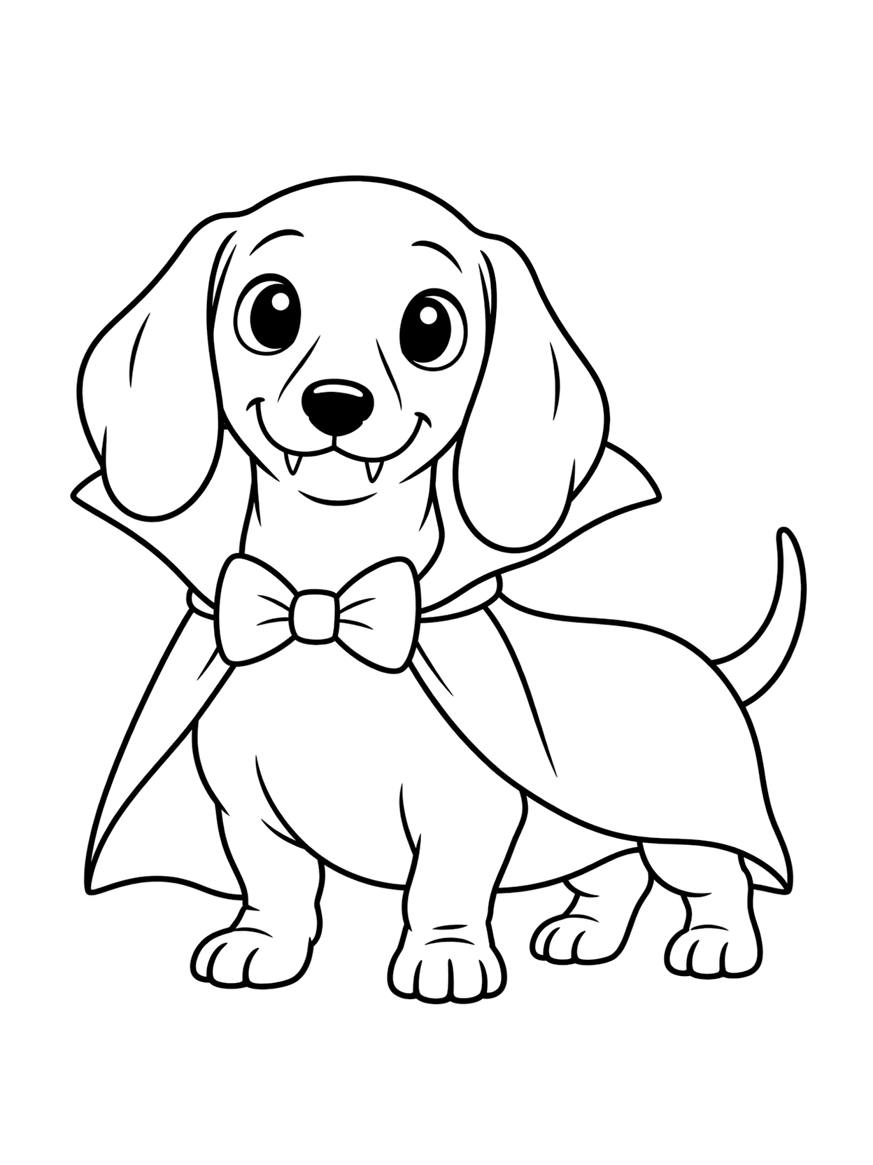 Perro salchicha vampiro para colorear con un perro central, espacios amplios para colorear, detalle sencillo de Halloween y fondo blanco