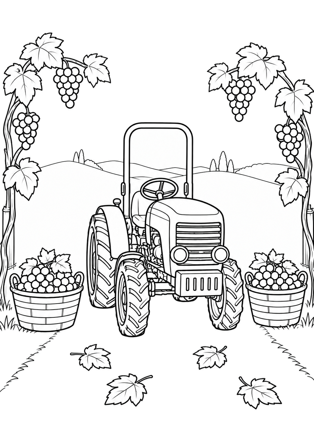 Un tractor de cosecha en un camino entre dos vides, con dos cestos de uvas y cuatro hojas caídas.