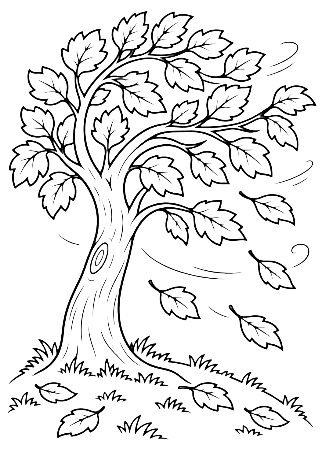 windy autumn tree coloring page with one autumn tree on a small rounded hill, with a curved trunk, wind-swept branches, large leaves on the tree, and several leaves blowing to one side