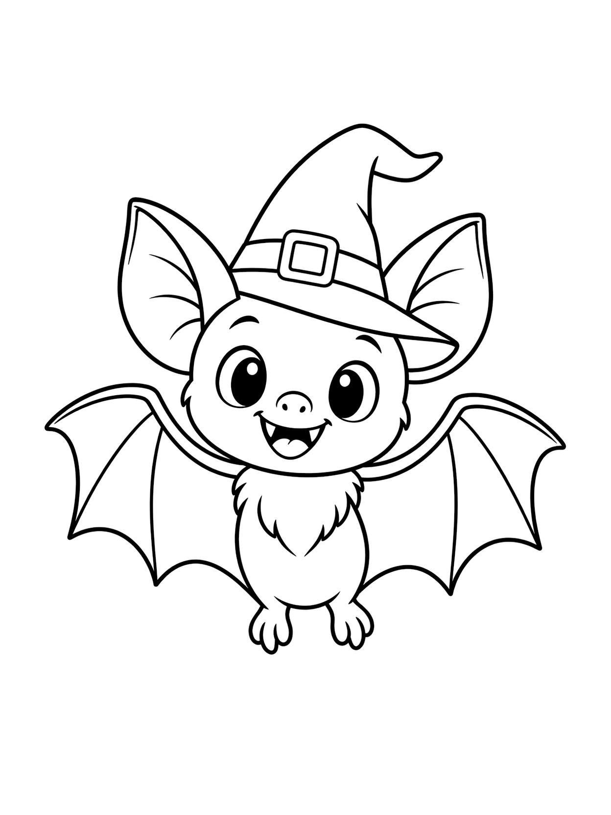 Chauve-souris avec chapeau de sorcière à colorier avec une chauve-souris centrale, de larges ailes, un détail simple d’Halloween et un fond blanc