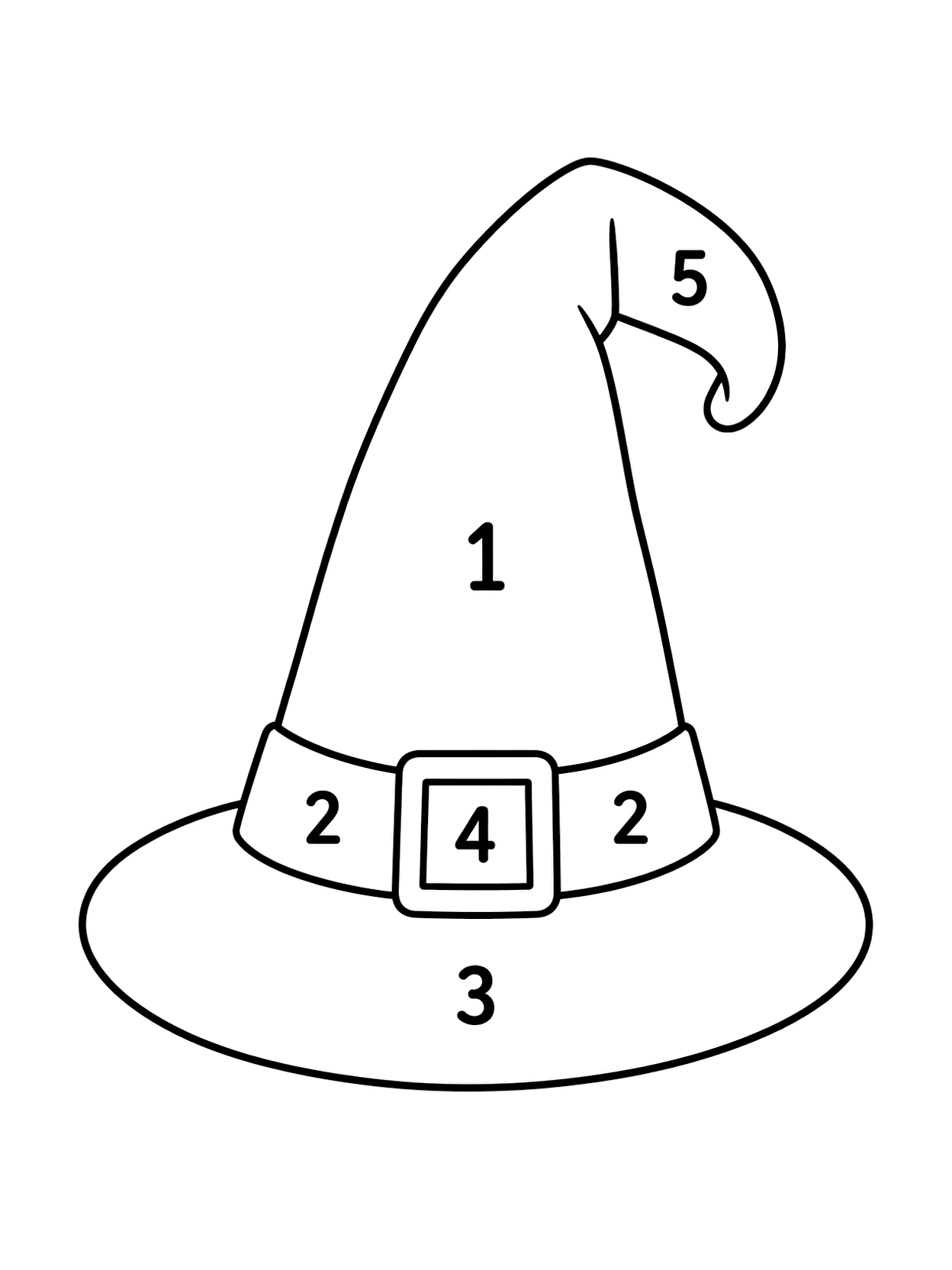 Cappello da strega da colorare con i numeri con un oggetto centrale di Halloween, numeri chiari, ampi spazi da colorare e sfondo bianco