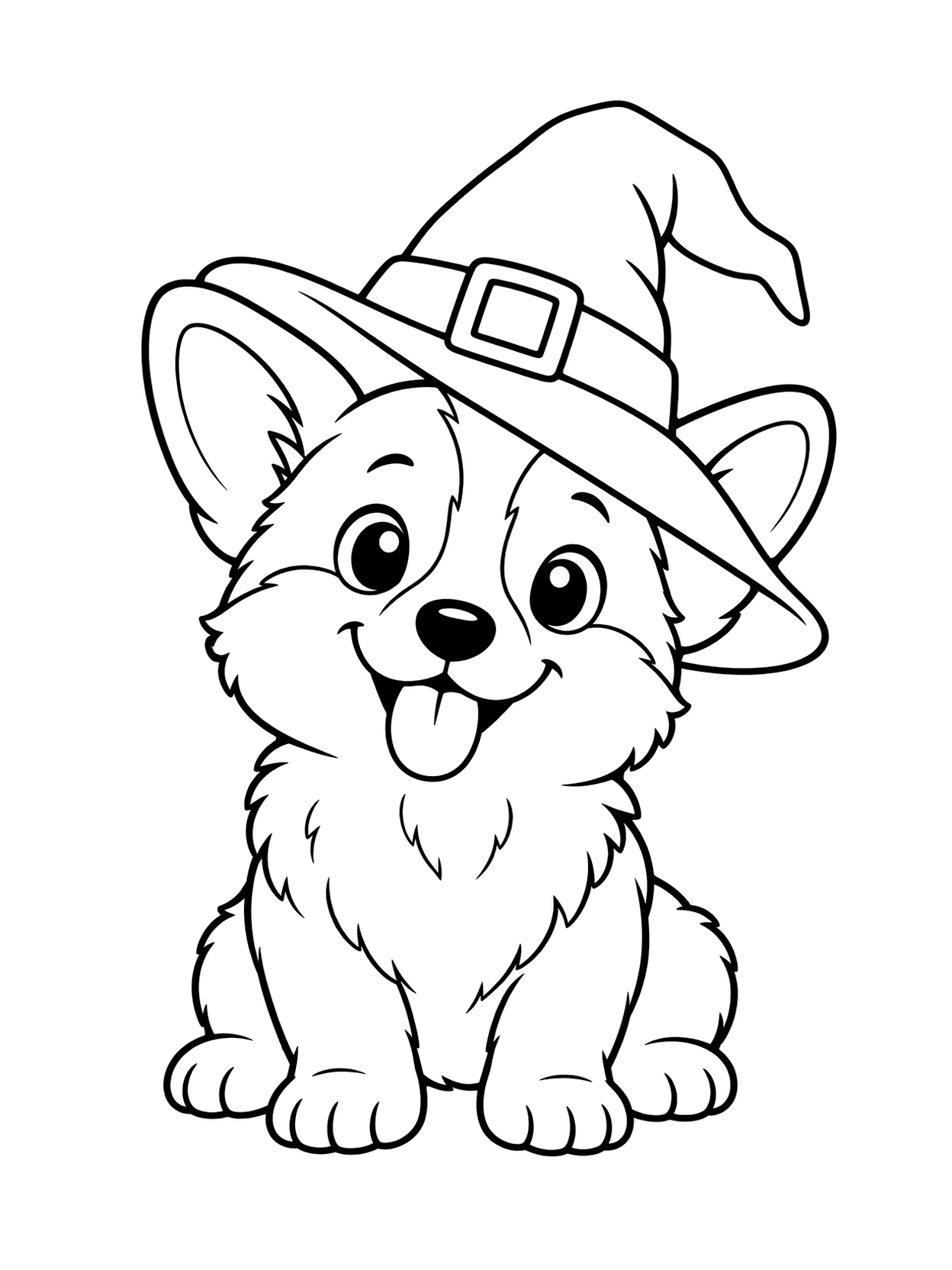 Witch Hat Corgi Coloring Page with one central dog, broad coloring spaces, simple Halloween costume detail, and a white background