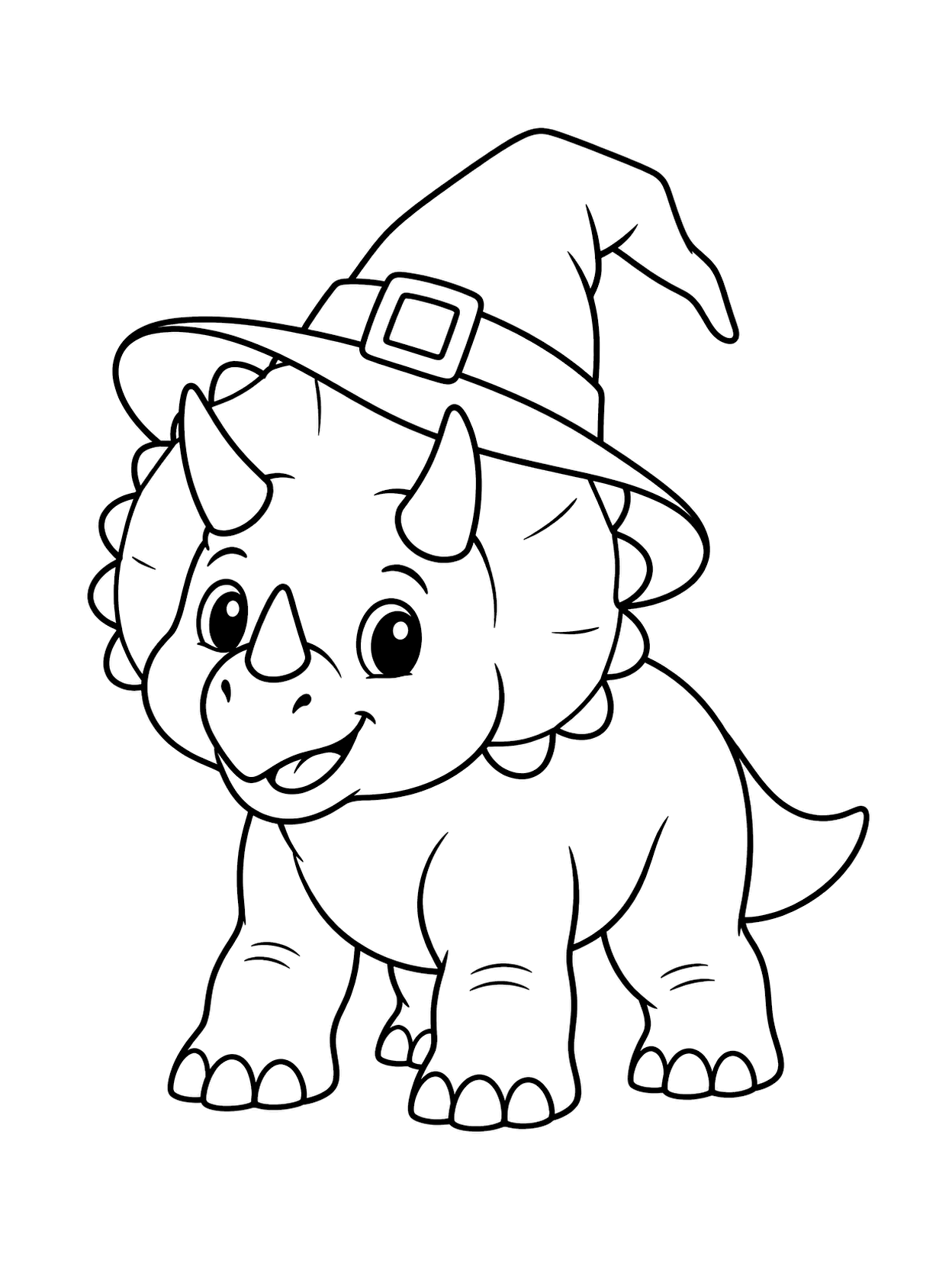 Tricératops avec chapeau de sorcière à colorier avec un dinosaure central, de larges espaces à colorier, un détail simple de costume d’Halloween et un fond blanc