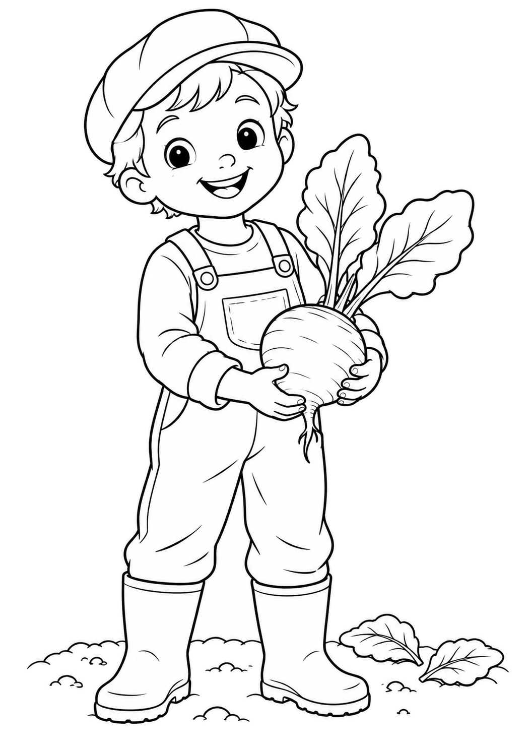 Child in overalls, boots and a cap holding a large beet with leafy tops.
