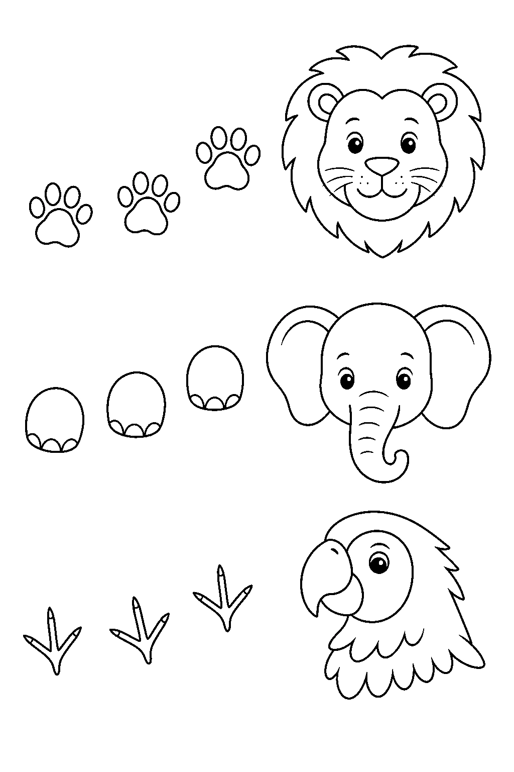 Ficha de huellas de animales del zoo para colorear