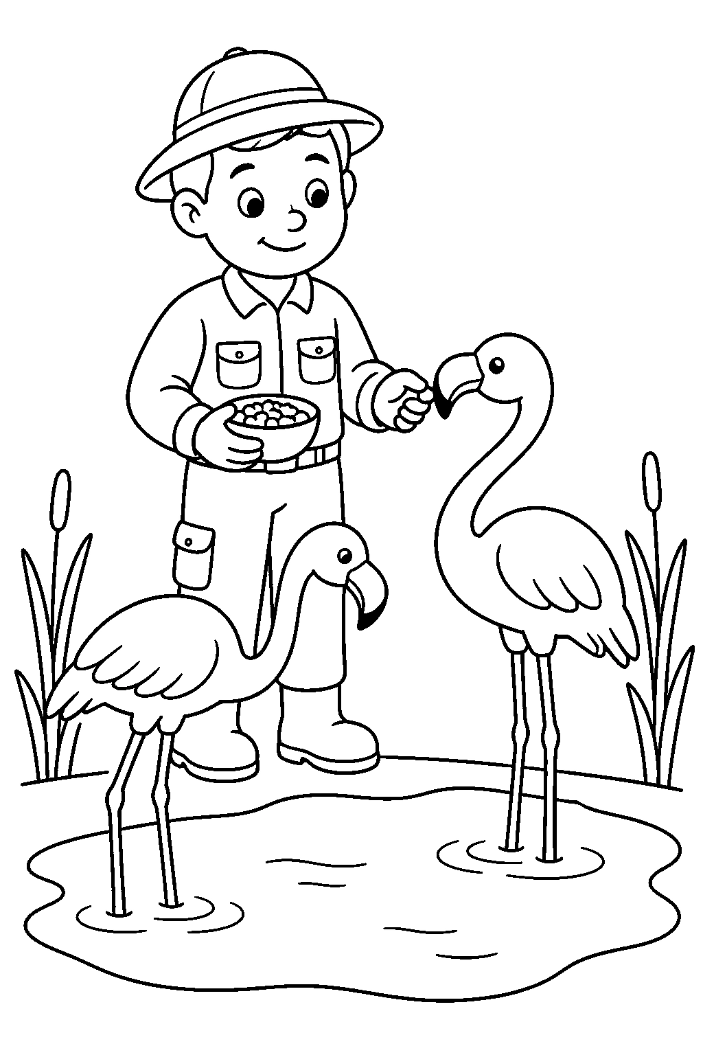Cuidador alimentando flamencos para colorear