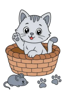 Котка в кошница – картинка за оцветяване за деца (безплатно за печат)