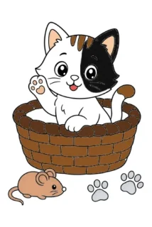 Котка в кошница – картинка за оцветяване за деца (безплатно за печат)