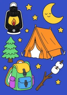 Къмпинг doodle – страница за оцветяване