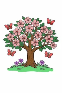 Пролетно дърво с цветя и пеперуди – картинка за оцветяване